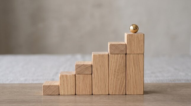 Golden Sphere Ball on Top of Rising Wooden Block Stairs Graph Concept for Financial Growth, Success, and Career Advancement