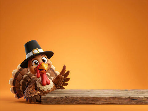 Cartoon turkey wearing a pilgrim hat waving