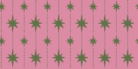 Obraz premium Vector Seamless Christmas pattern with hand-drawn festive motifs, decorative stars and ornaments in a playful vintage-inspired style