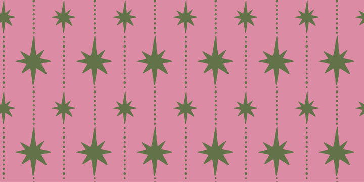 Vector Seamless Christmas pattern with hand-drawn festive motifs, decorative stars and ornaments in a playful vintage-inspired style