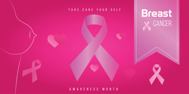 Dark pink breast cancer awareness month banner with a central gradient ribbon, subtle female breast outline, hearts, and text, emphasizing self-care and prevention.