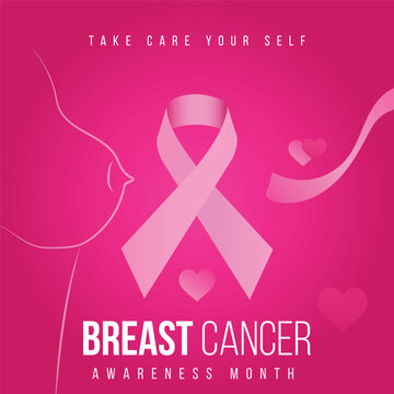 Bold square breast cancer awareness month graphic on a dark pink background, featuring a prominent ribbon, female breast outline, and hearts, urging self-care.