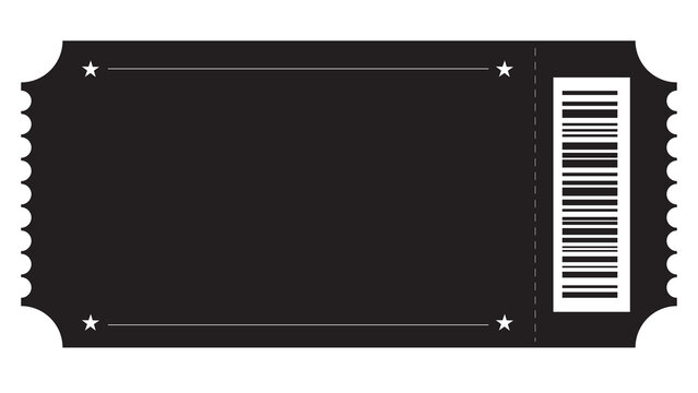 Blank black event ticket with a barcode and four stars in the corners entry pass concert ticket raffle ticket graphic design vector illustration event planning admit one design element