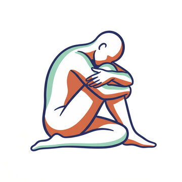 Stylized sad person sitting curled up in fetal position minimal line art vector illustration isolated on white background