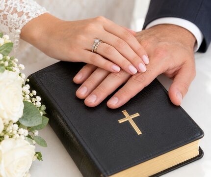 Wedding couple hands on Bible. Christian marriage and commitment