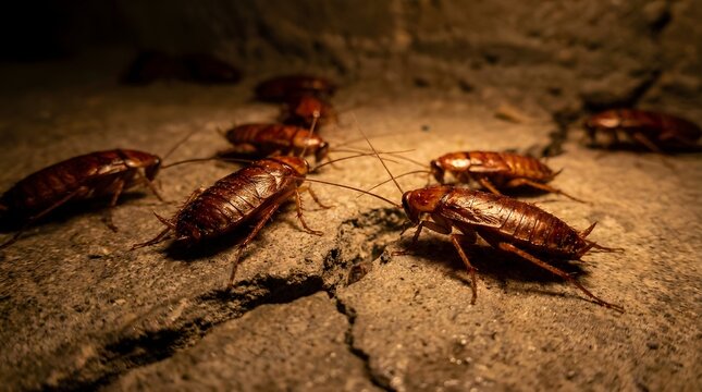 Cockroach infestation macro photography. Group of brown roaches crawling on a dark cracked stone floor in a basement. Concept of pest control, household hygiene, and sanitation issues.