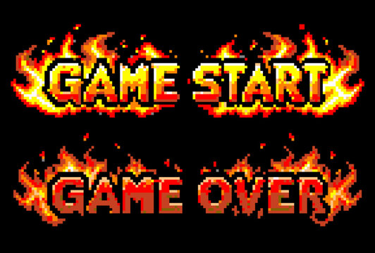 炎に包まれた「GAME OVER」ドット絵文字 レトロゲーム風ベクター素材