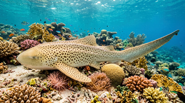 A beautiful leopard shark swimming over a vibrant coral reef in the clear blue tropical ocean water