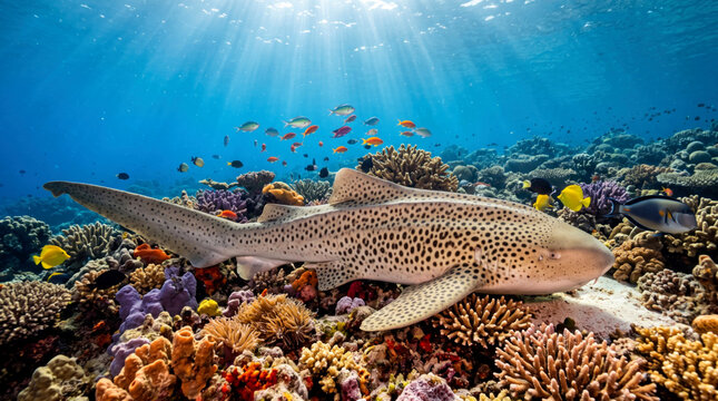 A leopard shark swimming over a vibrant coral reef in the clear blue tropical ocean water