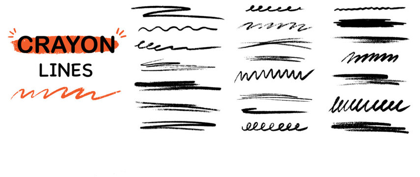Crayon underline, pencil highlight strokes doodle set. Hand drawn chalk lines, kids crayon strips, brush line with grunge texture in sketch style. Vector doodle emphasis marker paint.