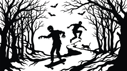 Naklejka premium Creepy zombies skateboarding through a dark haunted forest in this detailed black and white vector illustration