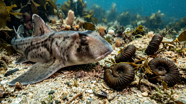 A large stingray resting on the sandy ocean floor surrounded by coral reefs and tropical sea life