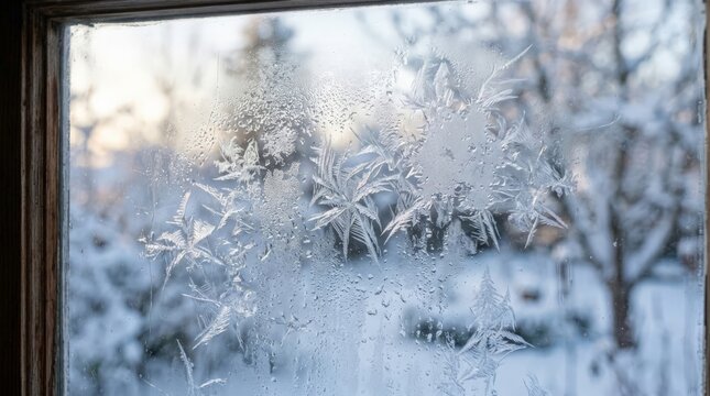 A close up view of a frosty window pane displaying delicate ice patterns symbolizing a frozen soil crack climate change context during winter, underscoring the winter weather
