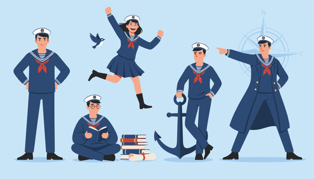 Set of cheerful cartoon sailors in classic navy uniforms in various poses like reading, pointing, and jumping.