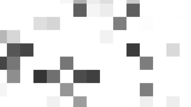 Abstract grayscale pixel mosaic animation digital noise pattern featuring shuffling square blocks for tech and gaming backgrounds.