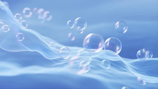 Blue fluid waves and floating bubbles drift through an abstract aquatic background. Wellness promotion, spa advertising, and social media design.