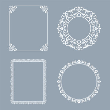 Set of decorative frames Elegant vector element for design in Eastern style, place for text. Floral gray and white frames. Lace illustration for invitations and greeting cards