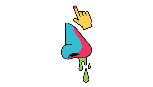 Graphic illustration of nose dripping green snot with human hand pointing finger down, on white background.