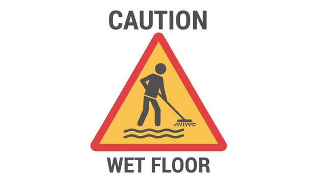 Yellow caution wet floor warning triangle sign featuring human cleaning silhouette inside red and yellow border.