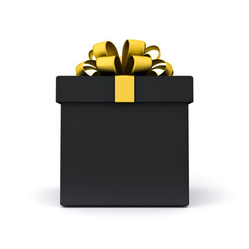 Front view of blank black gift box or black present box with gold ribbon and bow isolated on white background with shadow minimal black friday sale conceptual 3D rendering
