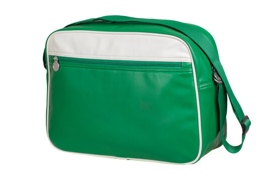 Vintage Green and White Retro Shoulder Bag with Adjustable Strap Isolated on White Background. Classic Sport Messenger Bag for Travel or Casual Use.