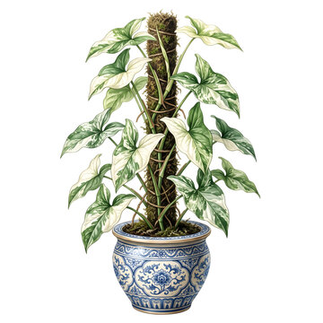 Generative AI watercolor syngonium albo variegata potted plant in a decorative vintage pot