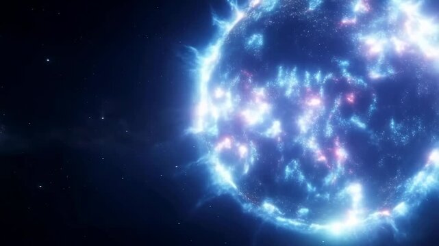 Glowing energy sphere of swirling particles drifts through dark cosmic space. Technology presentations, science documentaries, and energy innovation campaigns.