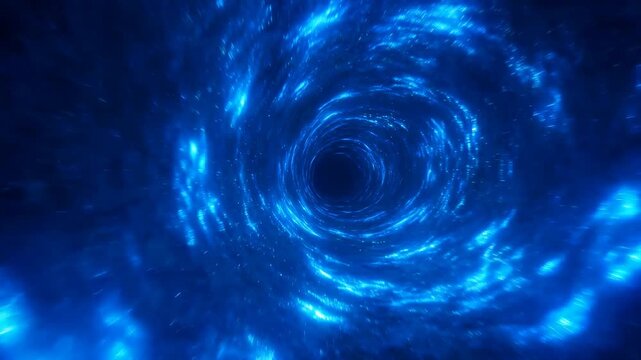Blue energy vortex swirling through an abstract digital tunnel. Technology presentation, science media, and futuristic title sequence.