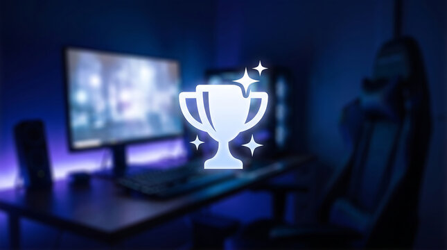 Glowing Trophy Icon Over Gaming Setup Victory, Achievement and Esports Success Concept