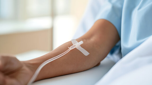 Patient arm with intravenous therapy line in hospital room, clinical medical treatment procedure, healthcare concept for sick care process