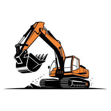 Excavator and shovel, xcavator with a raised hydraulic arm and bucket poised mid-scoop