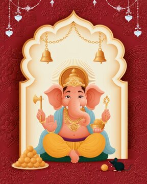 Happy Ganesh Chaturthi Celebration with Lord Ganesha in Traditional Attire with Offerings Laddu (Indian Sweets).