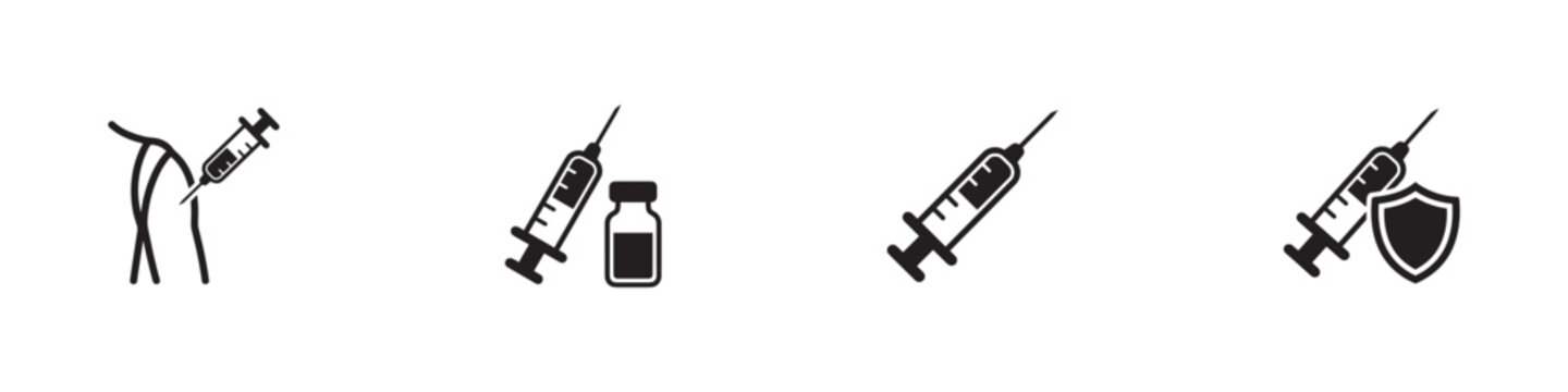 Vaccination icon set. Syringe injecting arm, vaccine bottle, medical syringe, immunity shield protection. Vector illustration.