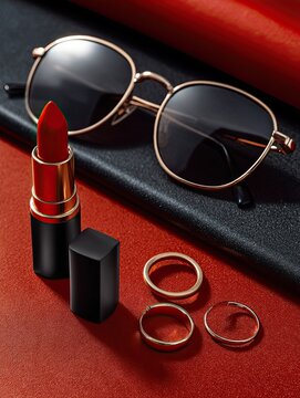 Red Lipstick and Sunglasses on a Red Surface