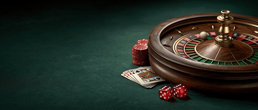 A luxury 3D casino banner featuring a detailed wooden roulette wheel, a winning hand of playing cards, a stack of red casino chips, and glowing red dice on green felt table with copy space.