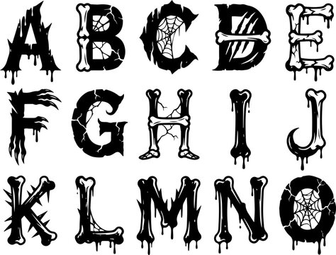 Scary Halloween bone alphabet letters made of bones and webs