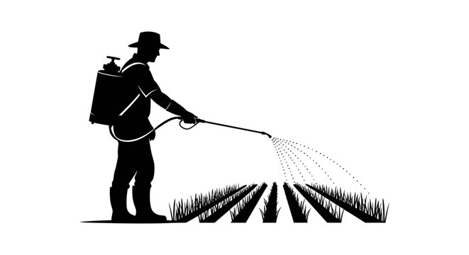 Farmer spraying crops with a backpack sprayer black silhouette on white