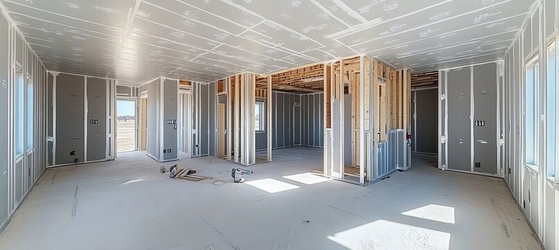 Unfinished Interior of a New Building House under Construction with Drywall Panels and Timber Studs
