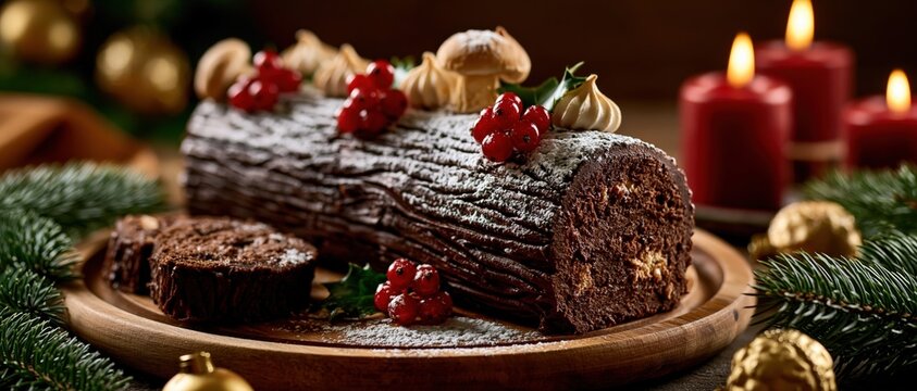 Traditional French chocolate Yule log cake (Buche de Noel) decorated with powdered sugar, red berries, meringue mushrooms, and holiday candles.