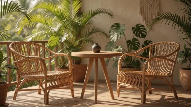 Sunlit porch corner with rattan armchairs flanking a wooden bistro table and a small vase, tropical potted plants, bohemian outdoor space