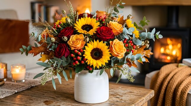 Autumn flower bouquet in a white vase on a wooden table with a cozy fireplace in the background