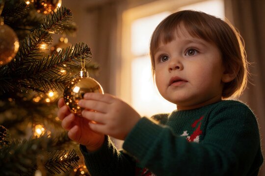 Young child reaches for a shiny gold ornament on a brightly lit Christmas tree, bathed in warm holiday glow.