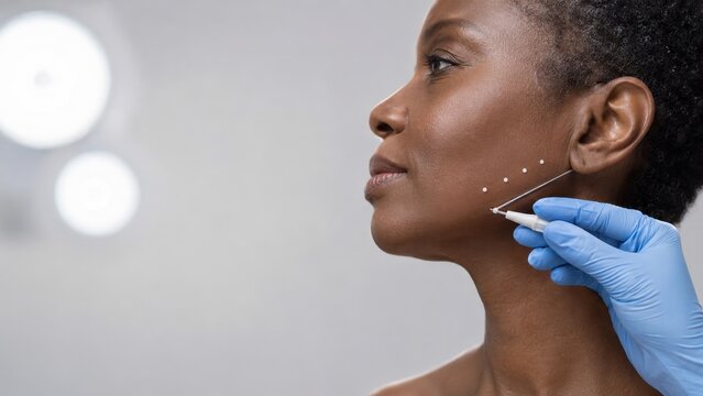 Close-up of woman with clear skin receiving cosmetic thread lift treatment on face by specialist glove