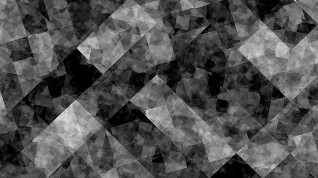 Abstract geometric monochromatic fractal pattern grey white black technical featuring overlapping rectangles with a grainy digital texture.