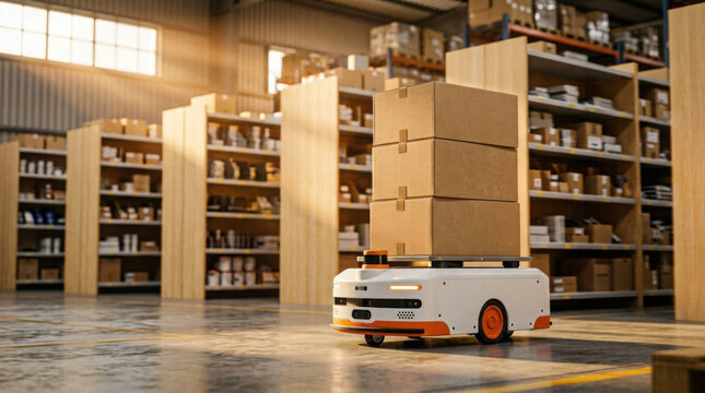 Autonomous mobile robot transporting cardboard boxes through a wood shelving generated using ai