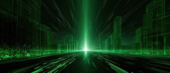 Fototapeta premium Green digital cityscape with bright light beam at vanishing point