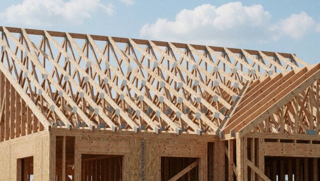 Construction site new house roof trusses made wooden beams arranged triangular pattern frame planks supported