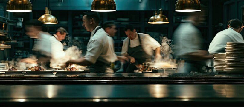 Busy kitchen staff in motion plating food under warm lamps