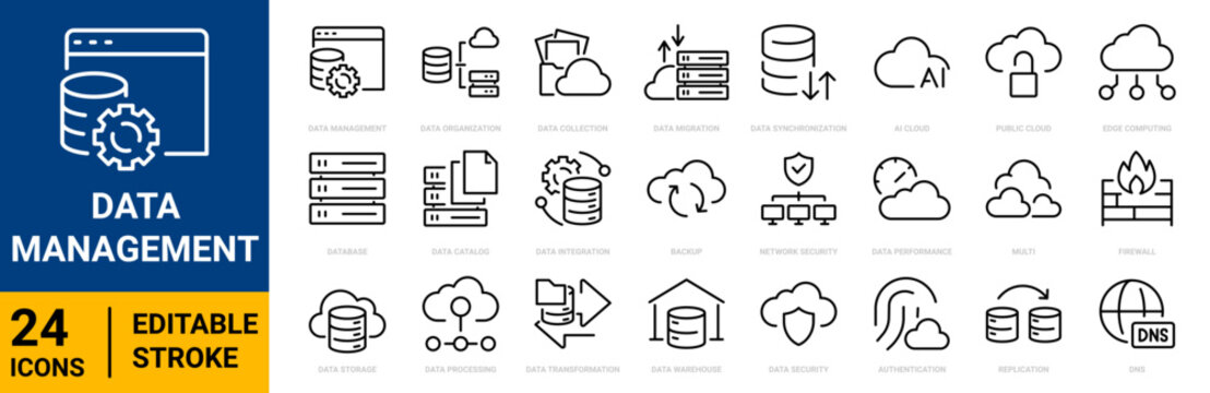 Data management outline icon set featuring databases, data storage, processing, integration,, synchronization, cloud storage, metadata, data quality. Editable Stroke