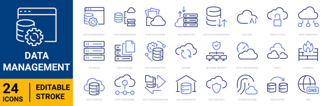 Data management outline icon set featuring databases, data storage, processing, integration,, synchronization, cloud storage, metadata, data quality. Blue duotone color. Editable Stroke